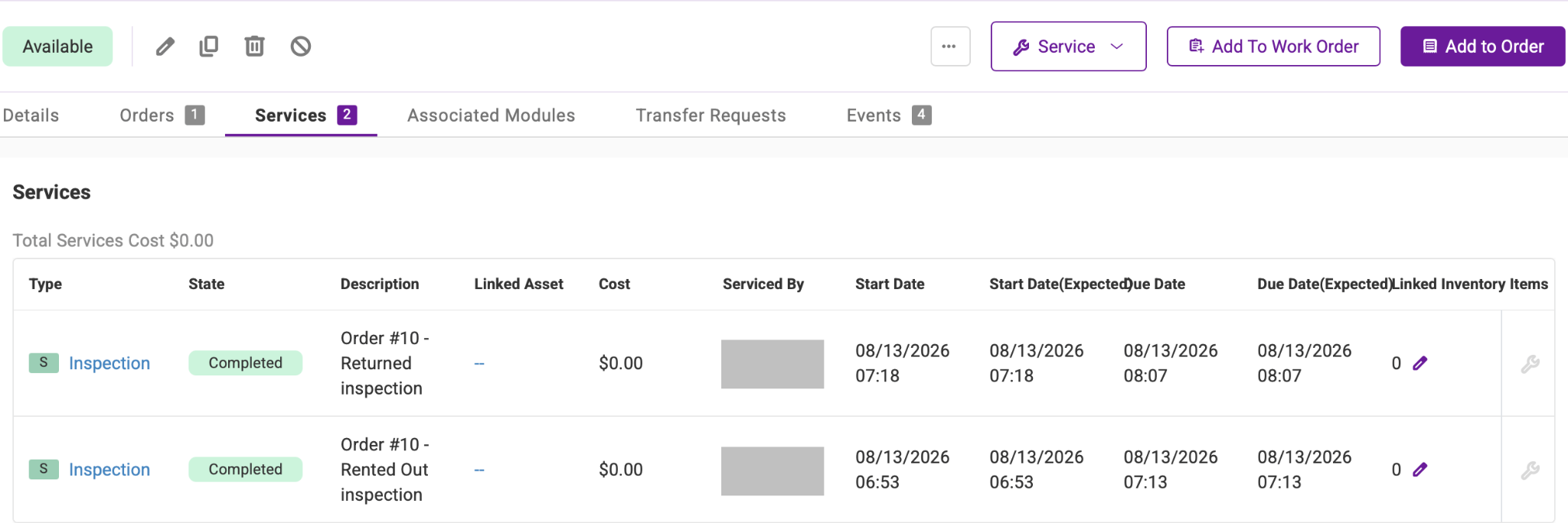 EZRentOut order showing the option to start a return inspection for rented equipment.