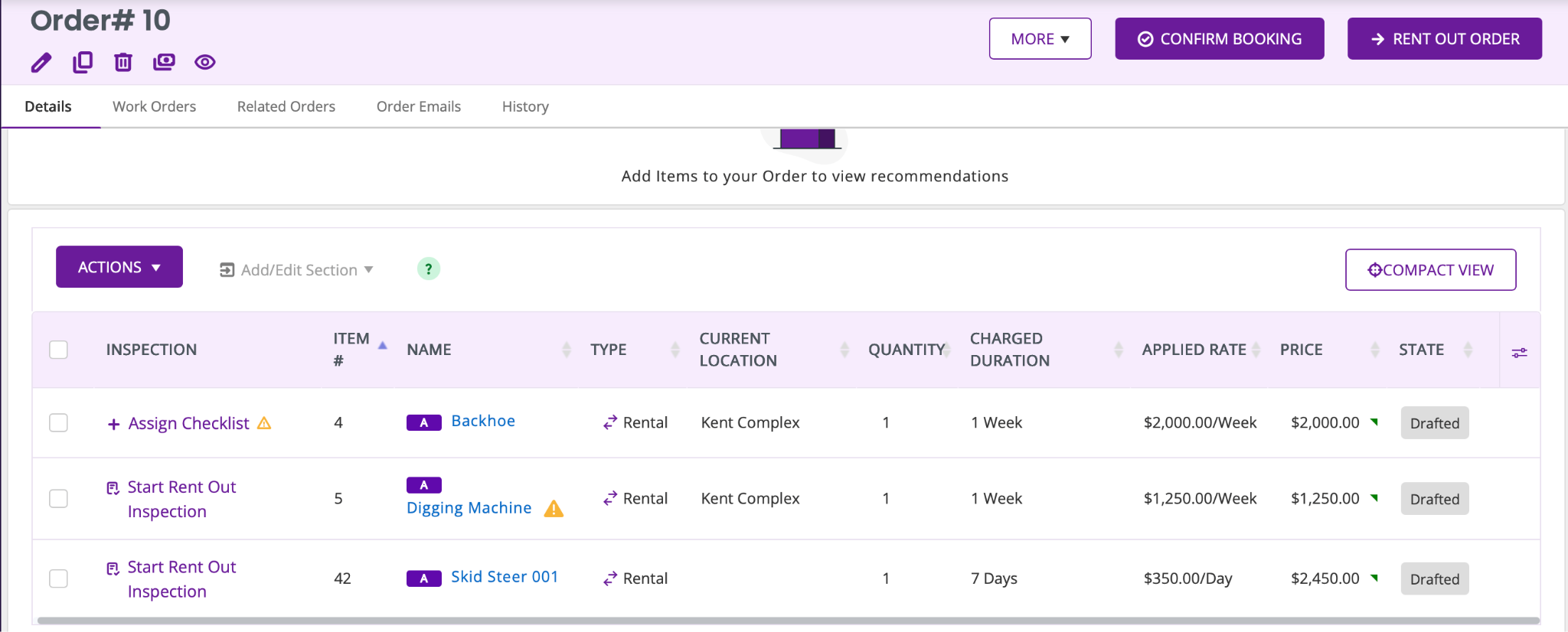 EZRentOut order showing options to assign a checklist and start a rent-out inspection.