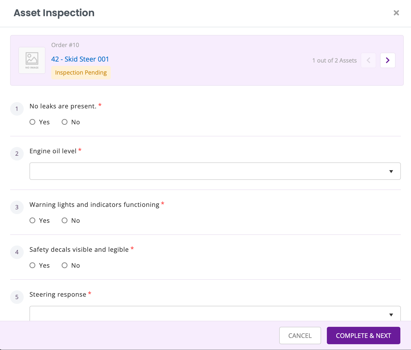 Equipment inspection checklist for recording asset condition before rent-out in EZRentOut.