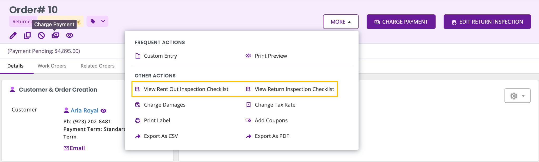 More menu in an EZRentOut order with options to view rent-out and return inspection