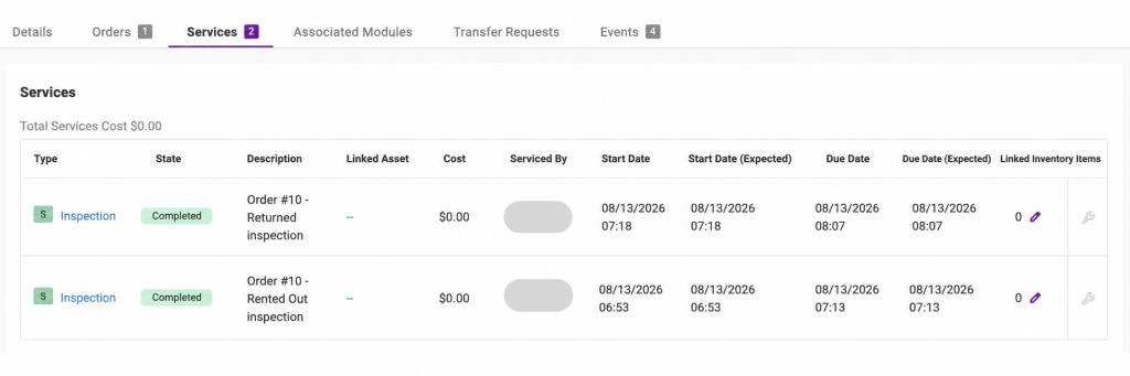 Services tab on an EZRentOut asset showing completed inspections and inspection timestamps.