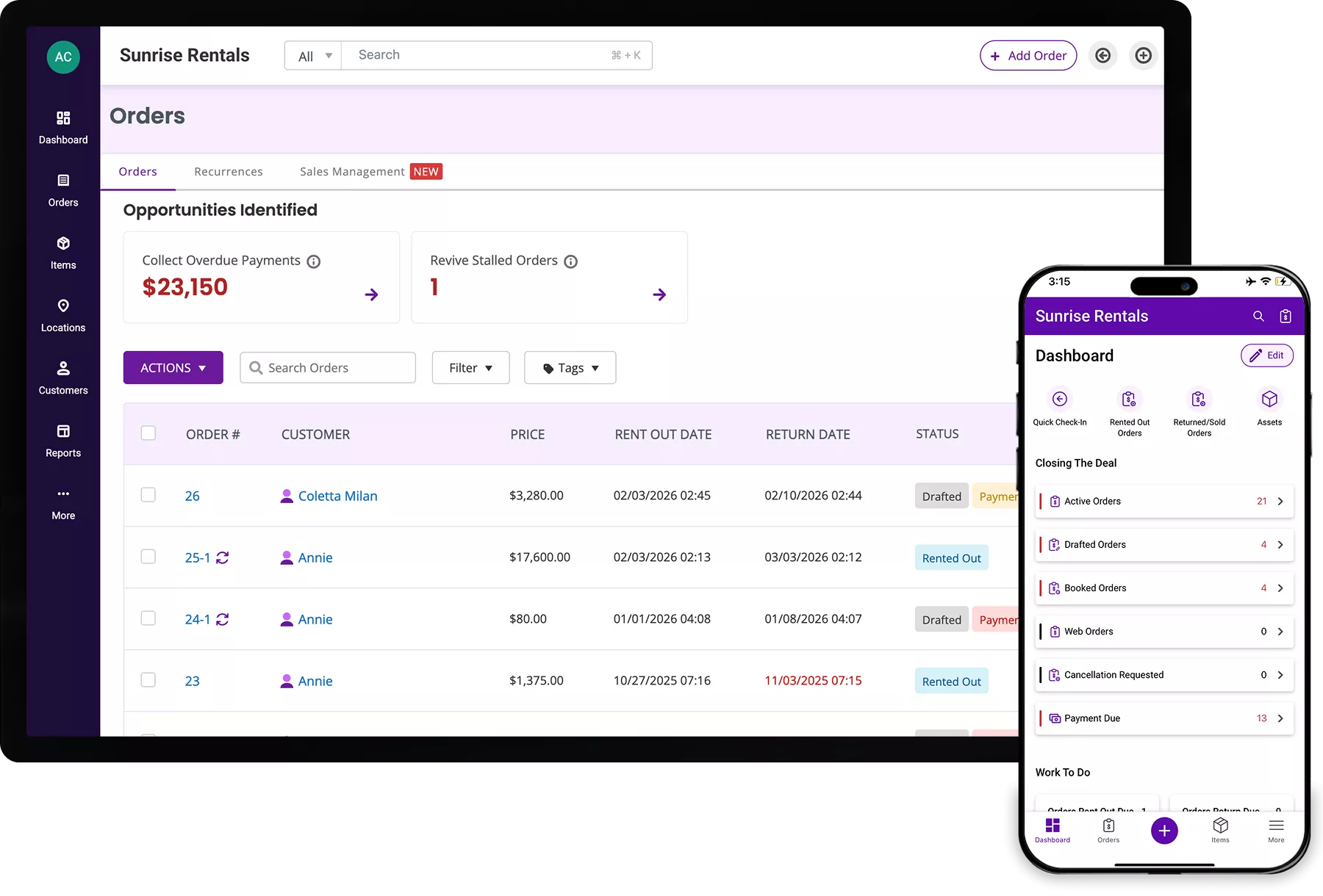 EZRentOut orders dashboard.
