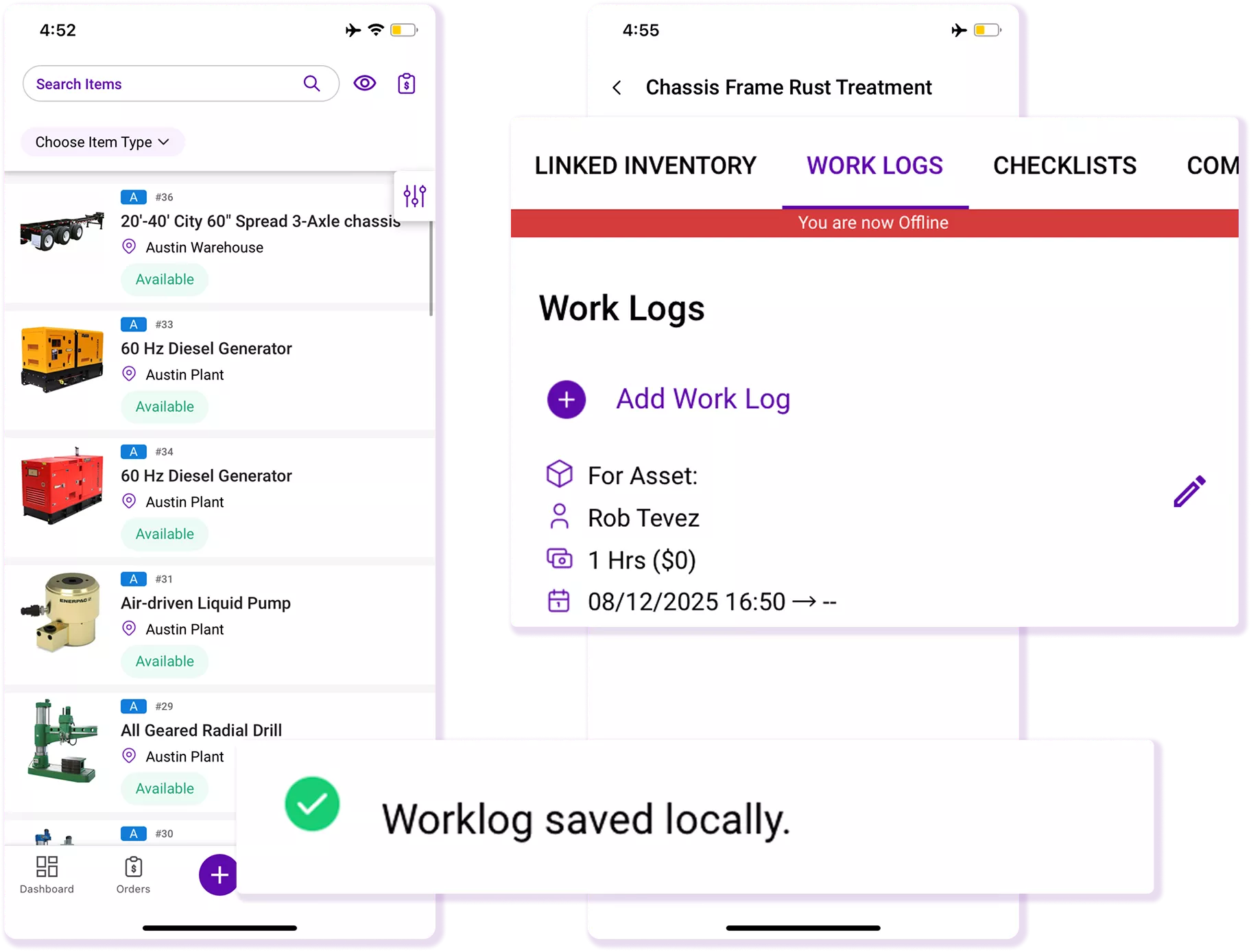 EZRentOut mobile app saving a work log offline in the field while equipment inventory list shows