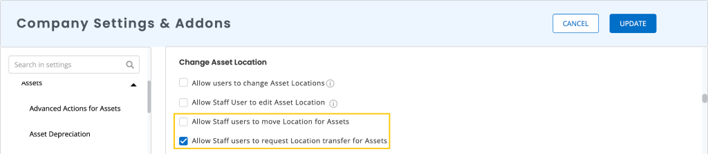 Company Settings and Addons page showing the option to enable location transfer permission for asset stock and inventory.