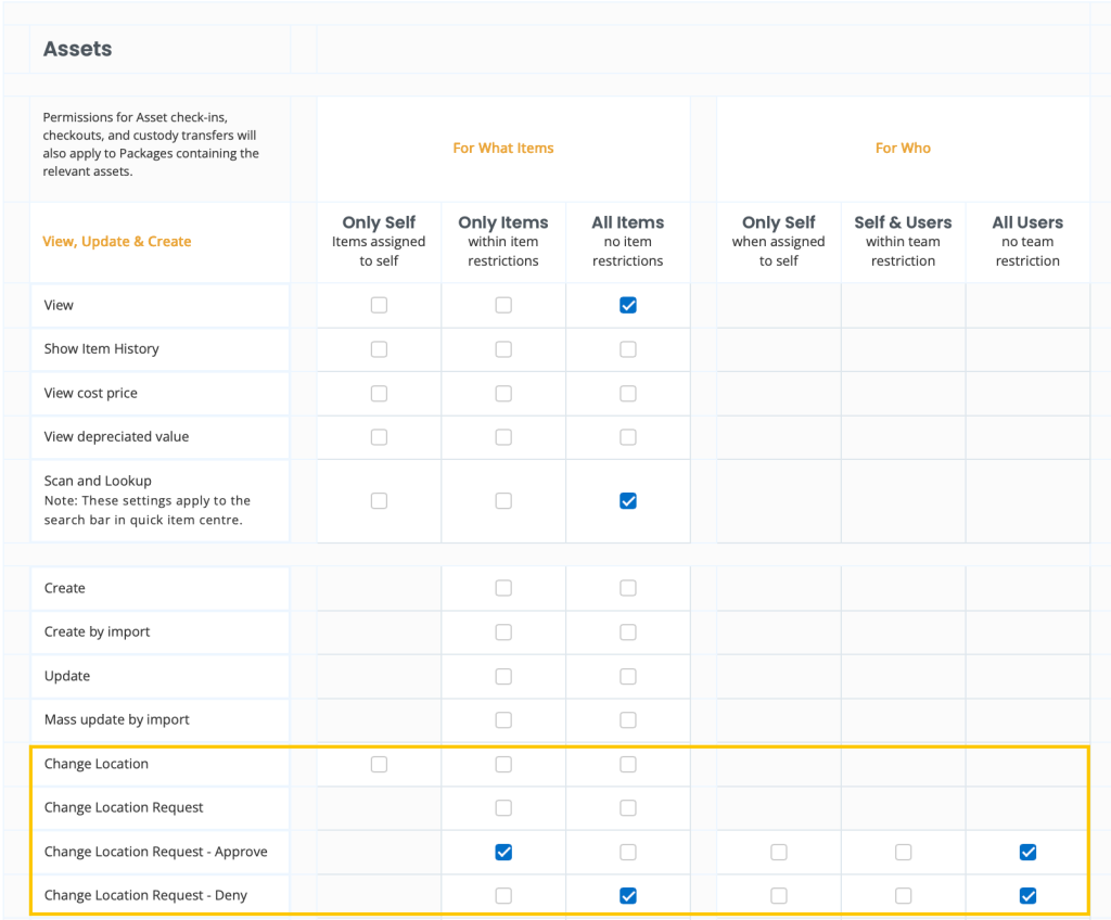 EZO's create role page showing the permissions to change location for assets.