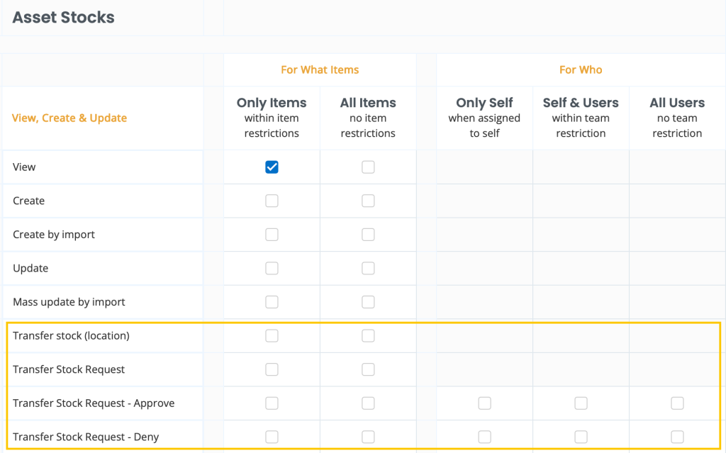 EZO's create role page showing the permissions to change location for asset stock.