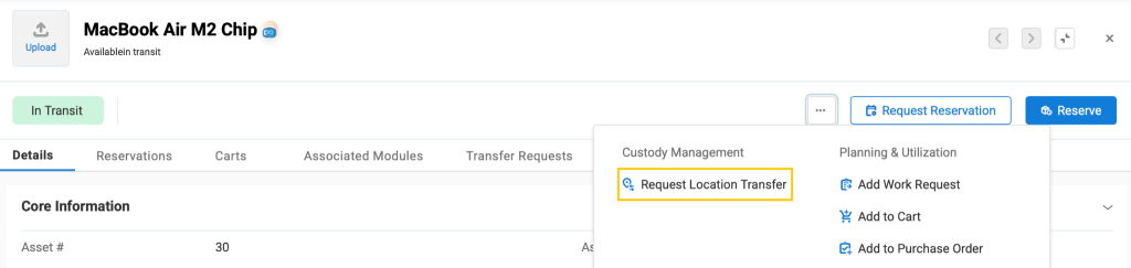 The Asset detail page showing the option to Request Location Transfer
