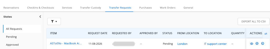 Fulfillment Centre page showing the different actions you can perform on a transfer request.