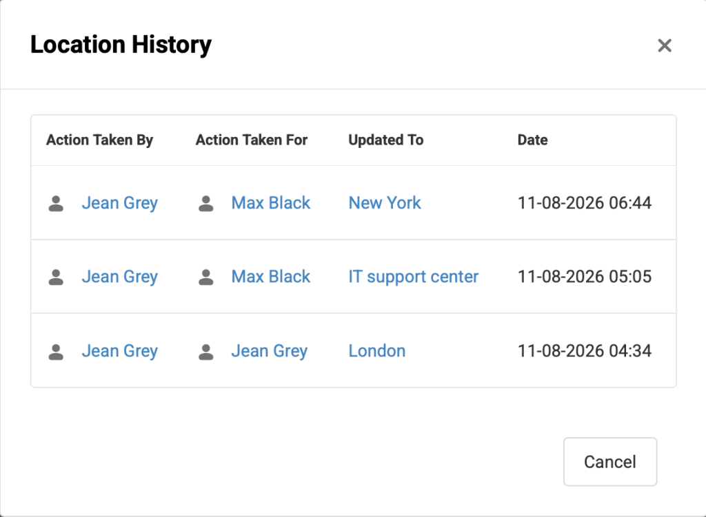 Location history section showing the Action taken by and for columns.