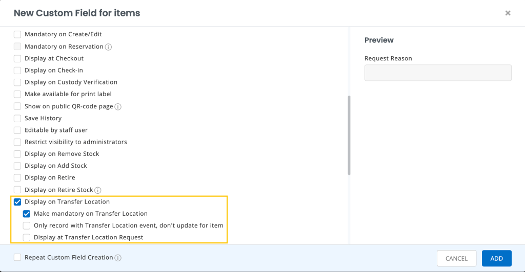 Create custom field page showing the Display on Transfer Location options.