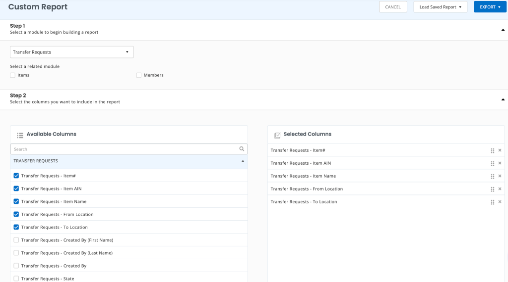 Custom reports page showing the submodules you can add in custom report for transfer location.