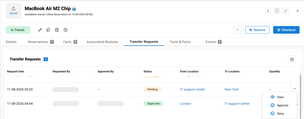 Item detail page showing the different actions you can perform on a transfer request.