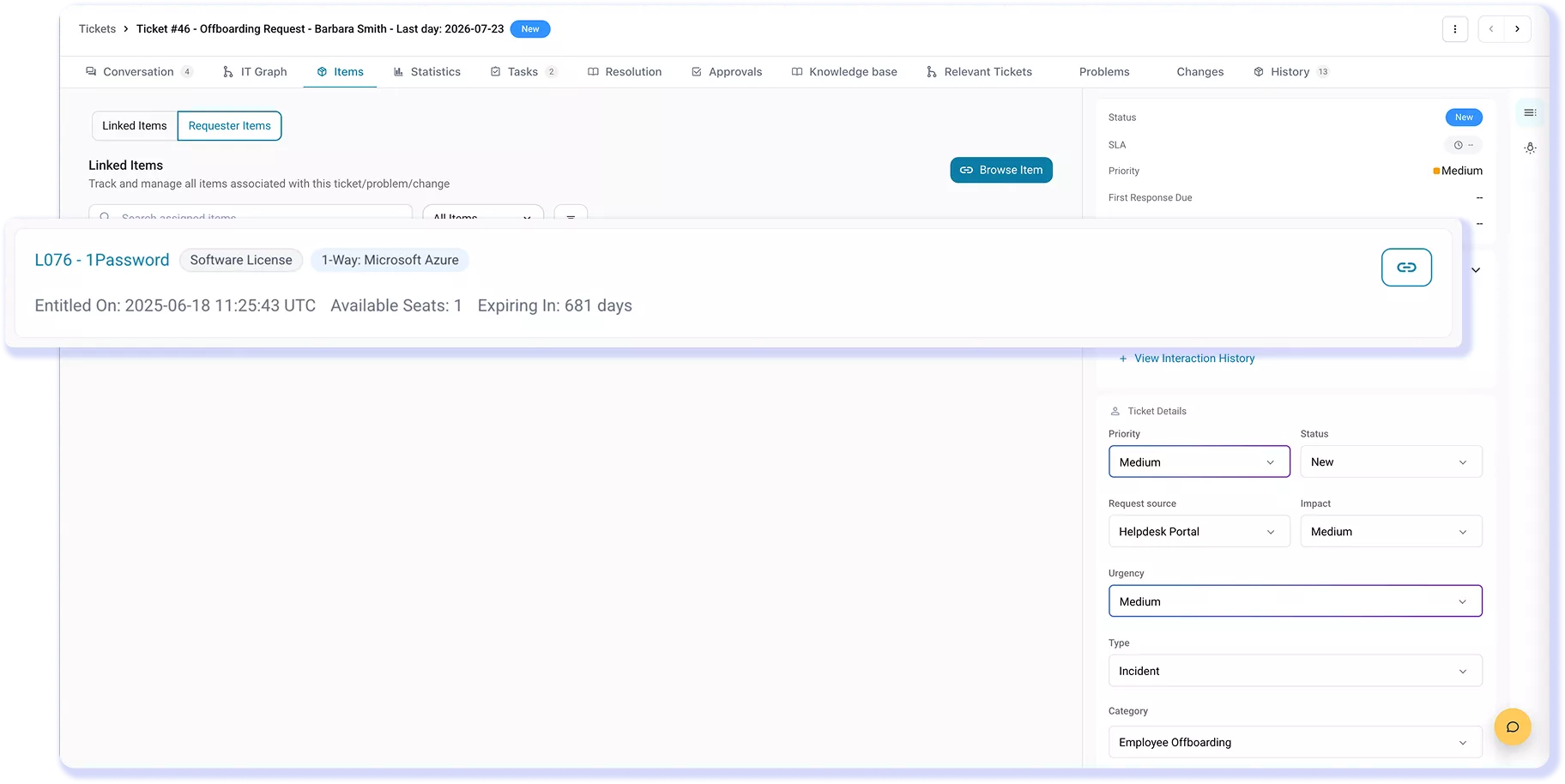 AssetSonar ticket showing a requester’s assigned software license linked in the Items tab.