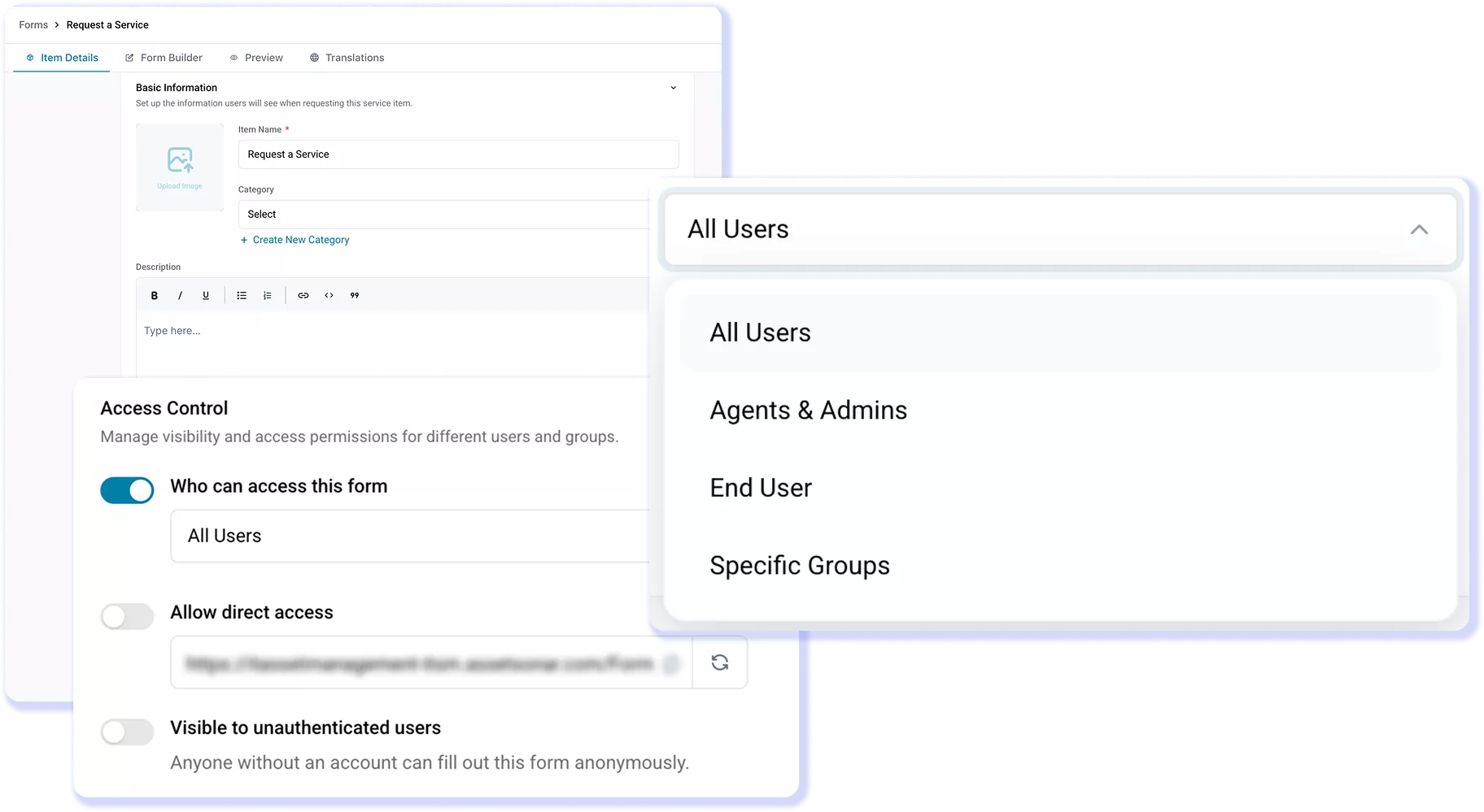 AssetSonar form access controls restrict visibility by user, group, or profile