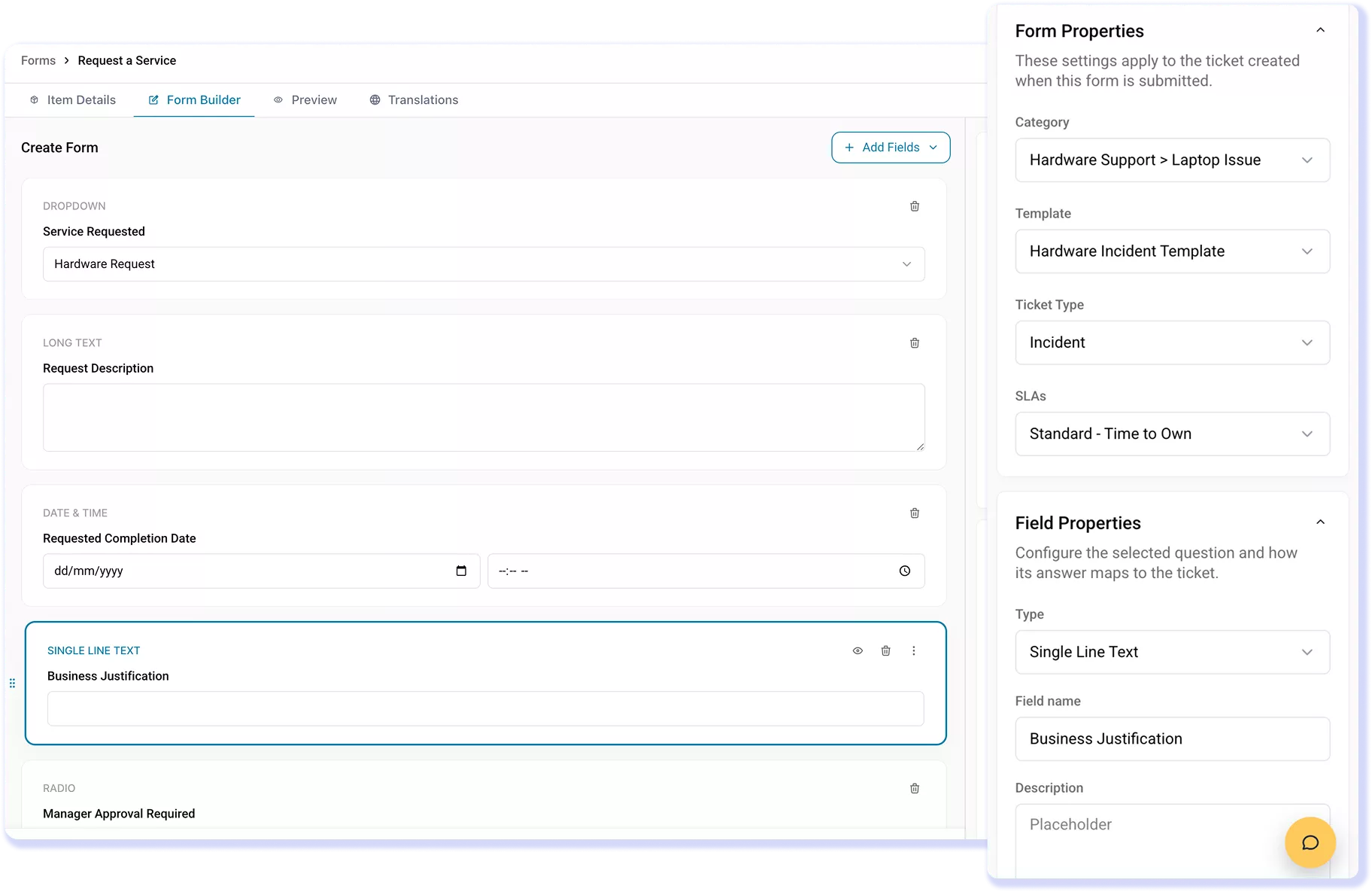 AssetSonar form properties mapping a service request to a ticket template, type, and SLA