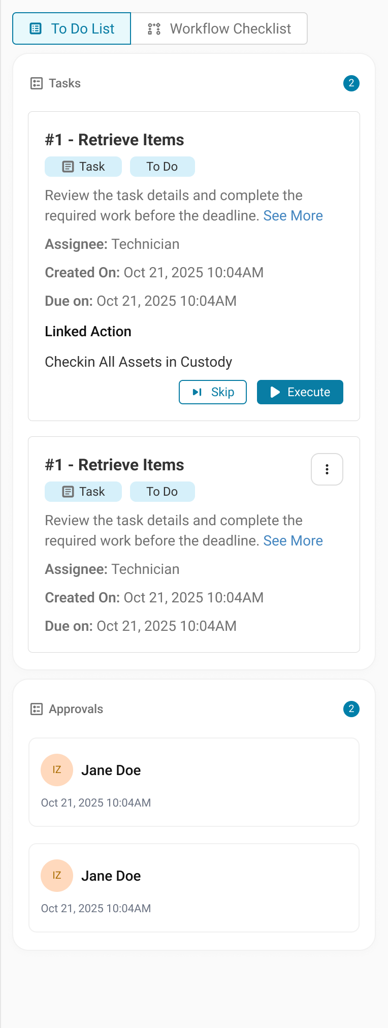 AssetSonar offboarding ticket To Do List showing assigned tasks, linked actions, and approval requests