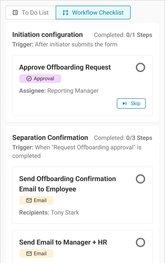 AssetSonar Workflow Checklist showing offboarding stages, approval steps, email actions, and completion status