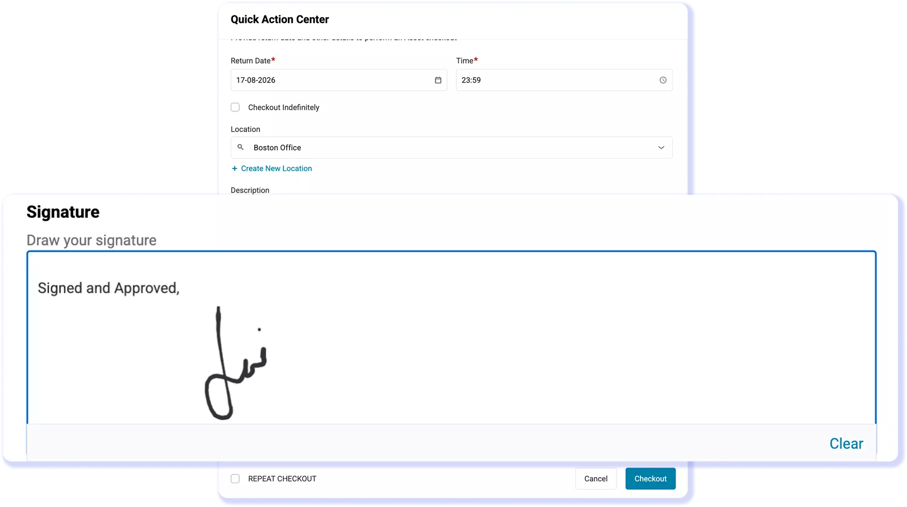 AssetSonar checkout form with signature and printed-name fields.