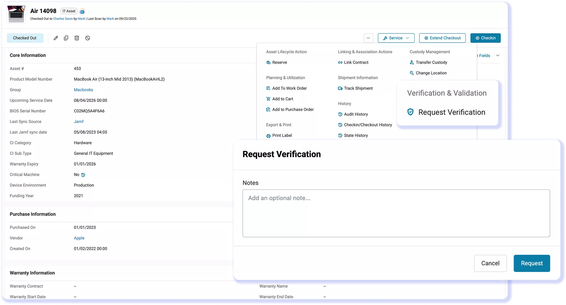 AssetSonar asset record with Request Verification selected and the request form open.