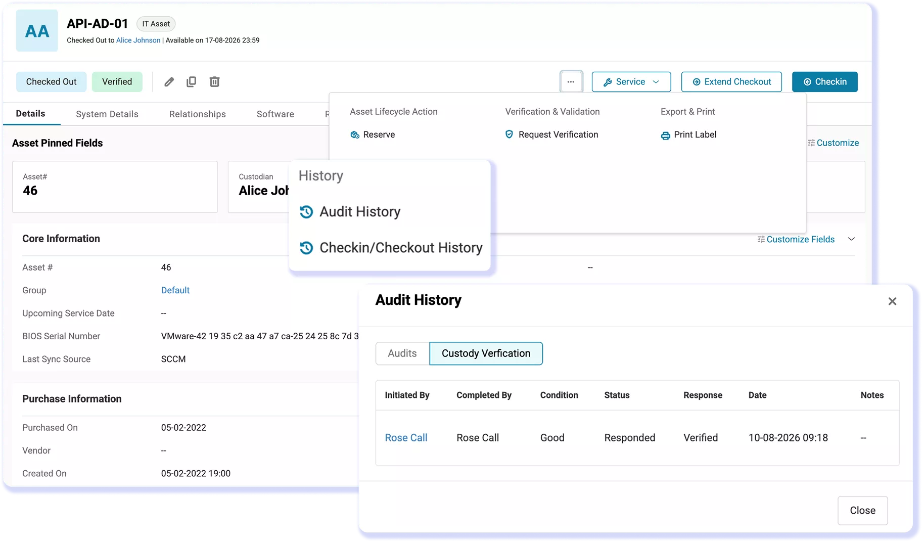 AssetSonar custody verification records and dated check-in/check-out history for a MacBook.