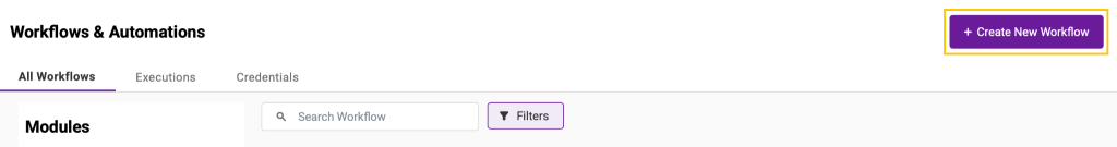 Workflow and Automations page showing the Create New Workflow button.