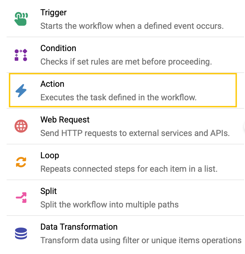 Automation canvas showing the Action node.