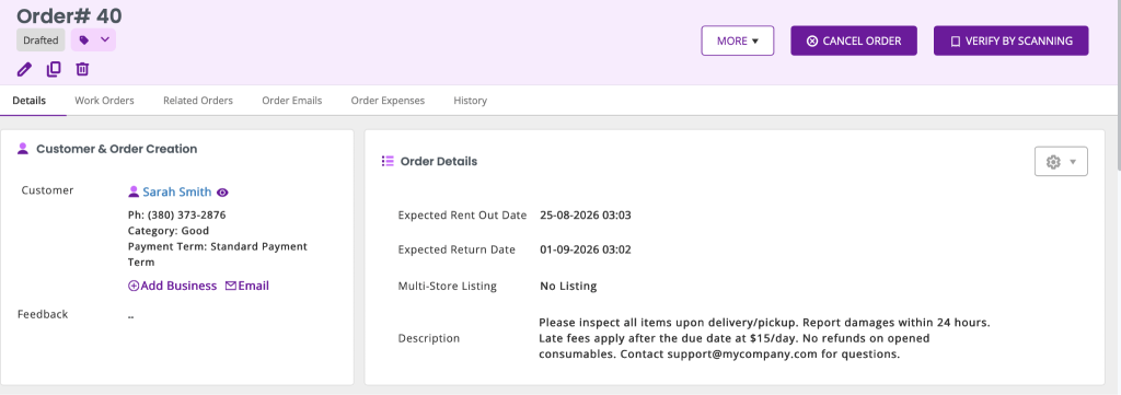 The order page showing the description added by an automation.