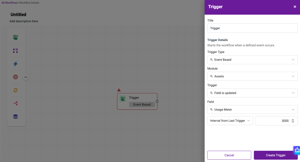The trigger modal showing the different options available.
