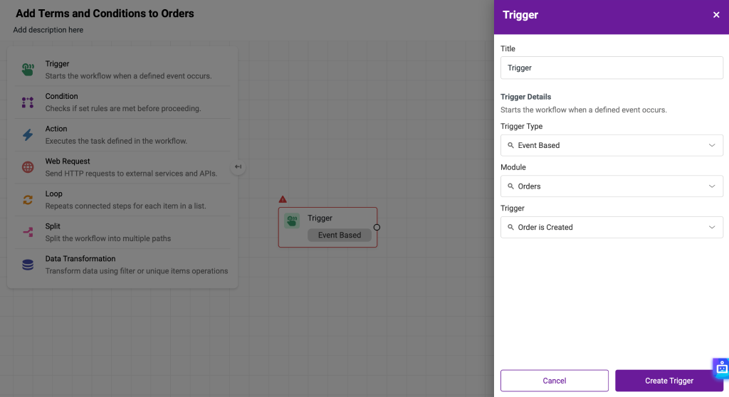 The trigger modal showing the different options available.