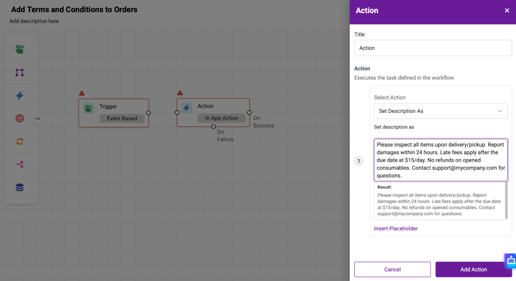 The action modal showing the different options available.