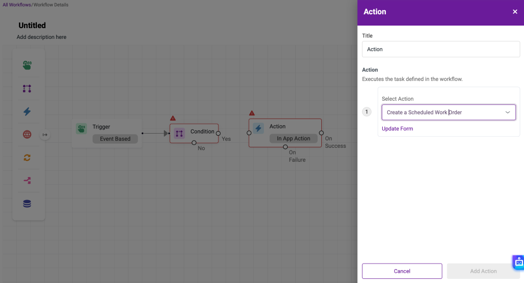 The action modal showing the different options available and the Update Form button.