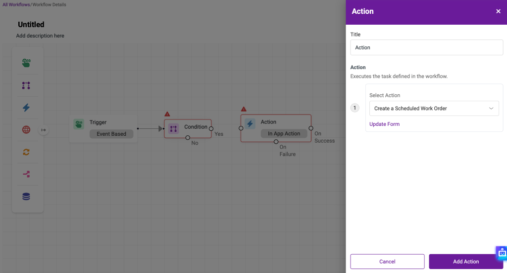 The action modal showing the different options available and the Add Action button.
