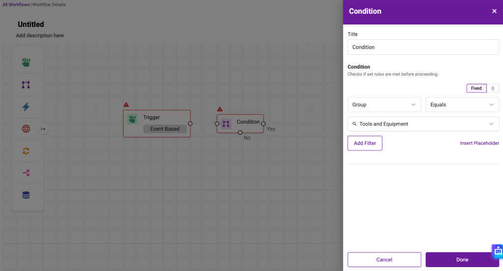 The condition modal showing the different options available.