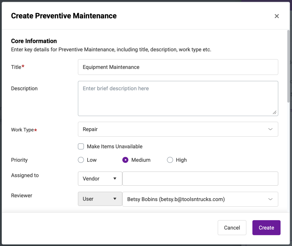 The Create Preventive Maintenance pop-up showing the different fields available.