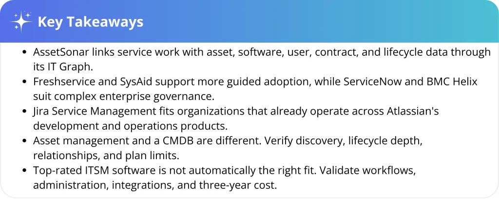 Key takeaways from the 2026 ITSM software comparison and evaluation criteria