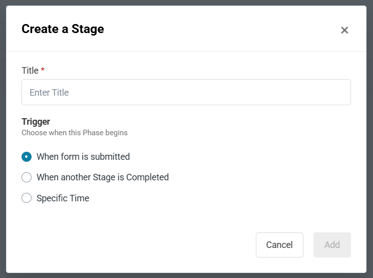 Create a Stage popup in AssetSonar with trigger options for form submission, completed stage, or specific time