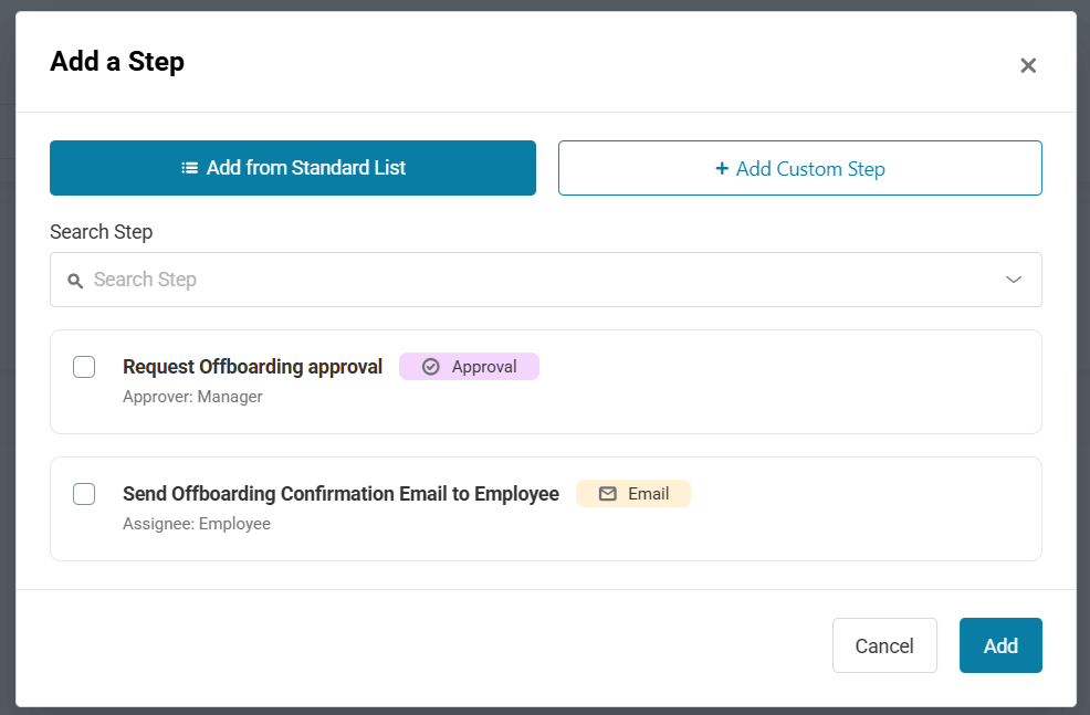 Add a Step popup showing standard offboarding steps for approval and employee confirmation email