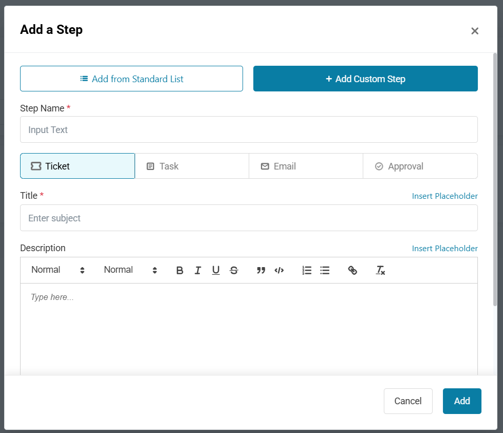 Add a Step popup for creating a custom ticket, task, email, or approval step in AssetSonar