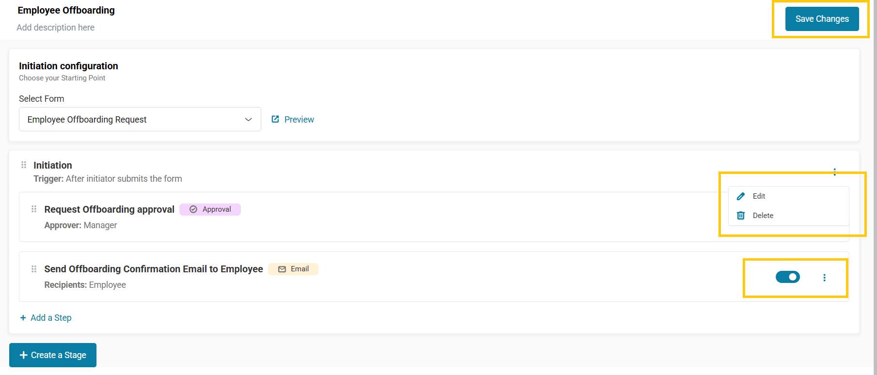 AssetSonar offboarding workflow showing Save Changes, step controls, and edit or delete options