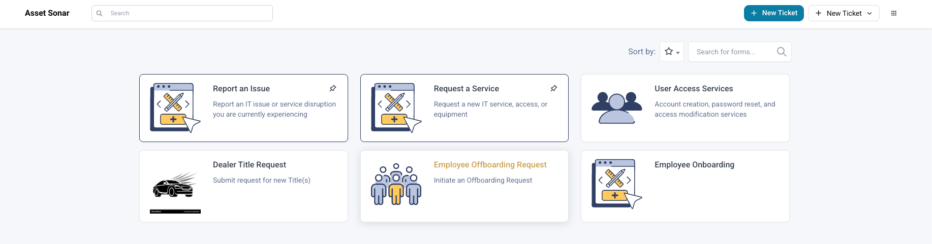AssetSonar ITSM Service Catalog showing the Employee Offboarding Request form