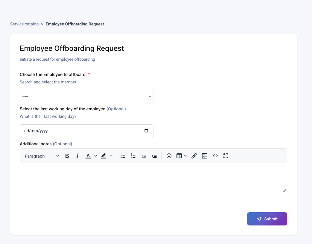 Employee Offboarding Request form in AssetSonar with member, last working day, and additional notes fields