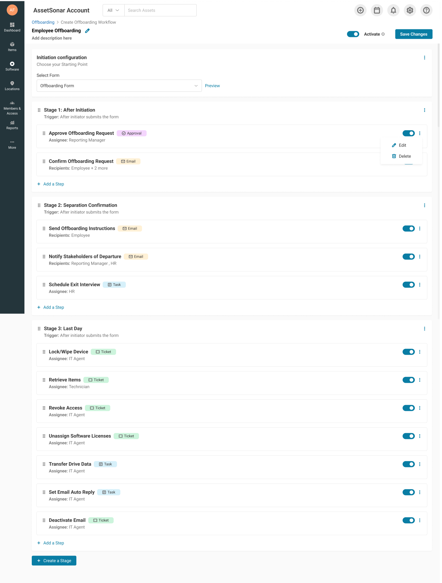 AssetSonar employee offboarding workflow showing stages and steps from initiation through closure