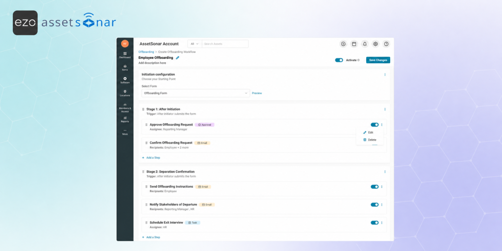 AssetSonar Employee Offboarding workflow builder showing initiation configuration, approval, confirmation, stakeholder notification, and exit interview steps across workflow stages.