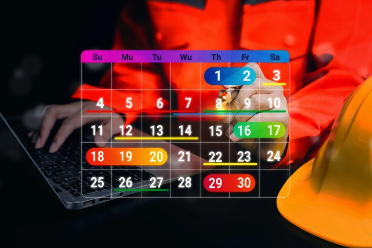 Safety engineer using laptop with digital calendar to schedule equipment maintenance.