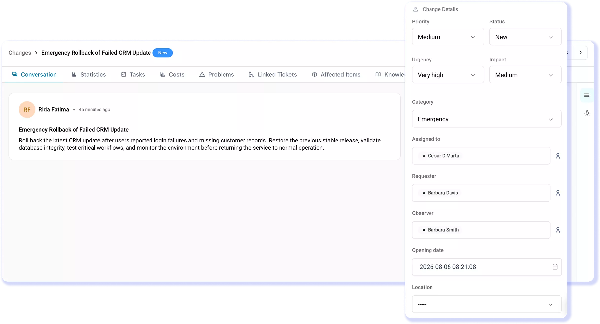 AssetSonar emergency change request with rollback details, priority, impact, and assignment fields.