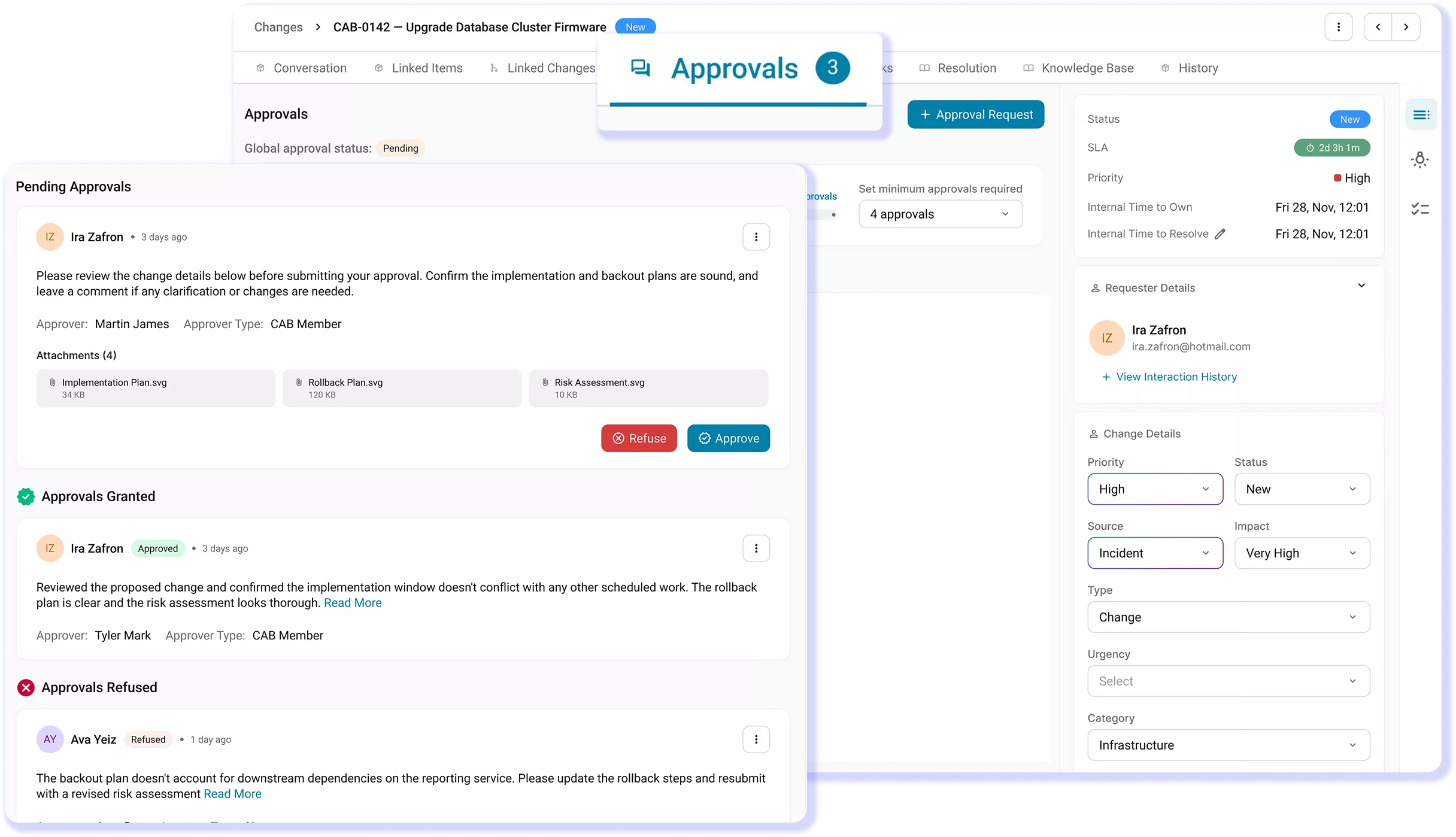 AssetSonar change request showing pending, granted, and refused approvals with CAB member details.