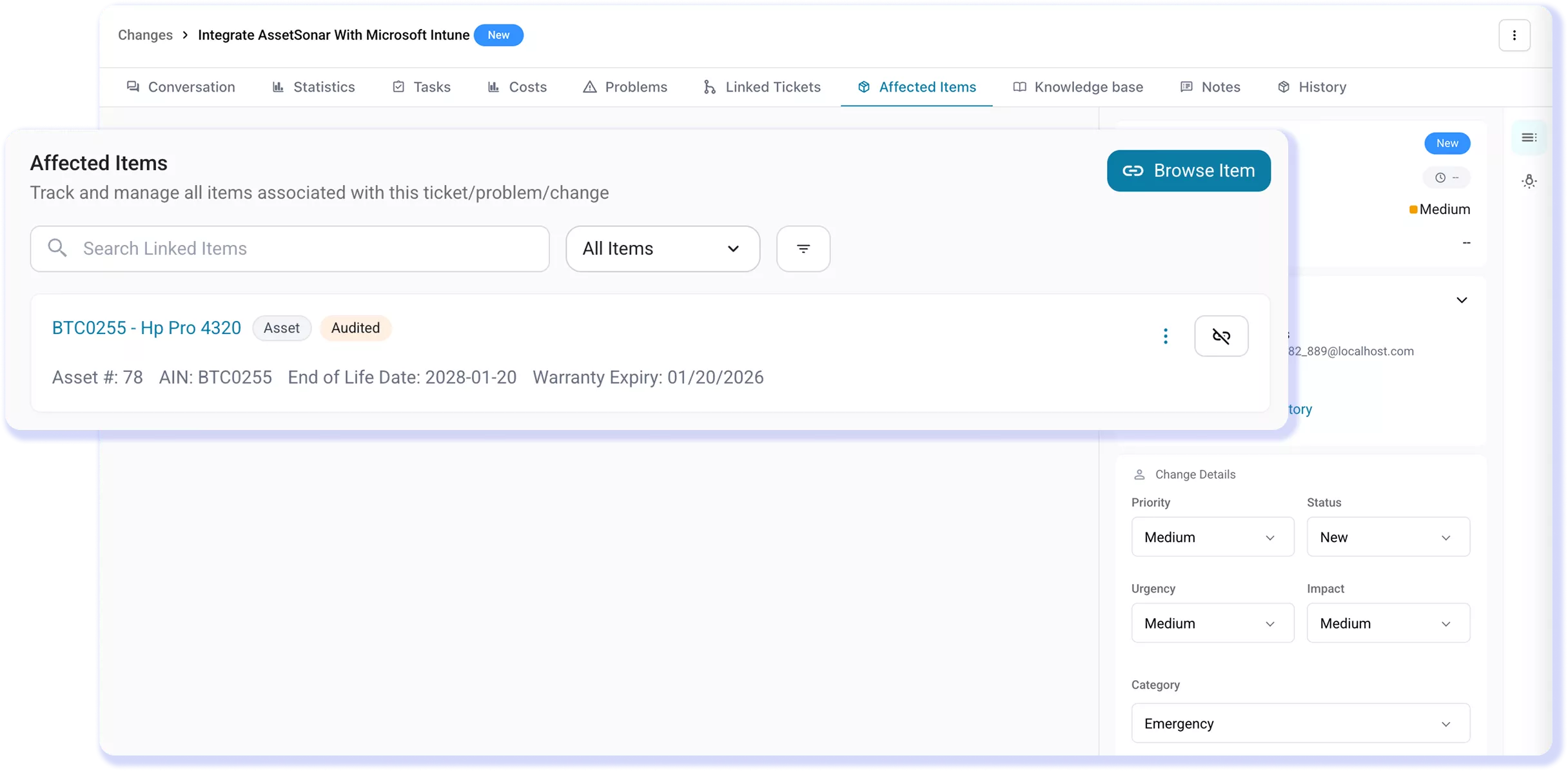 AssetSonar change request showing an affected device with asset, warranty, and lifecycle details.