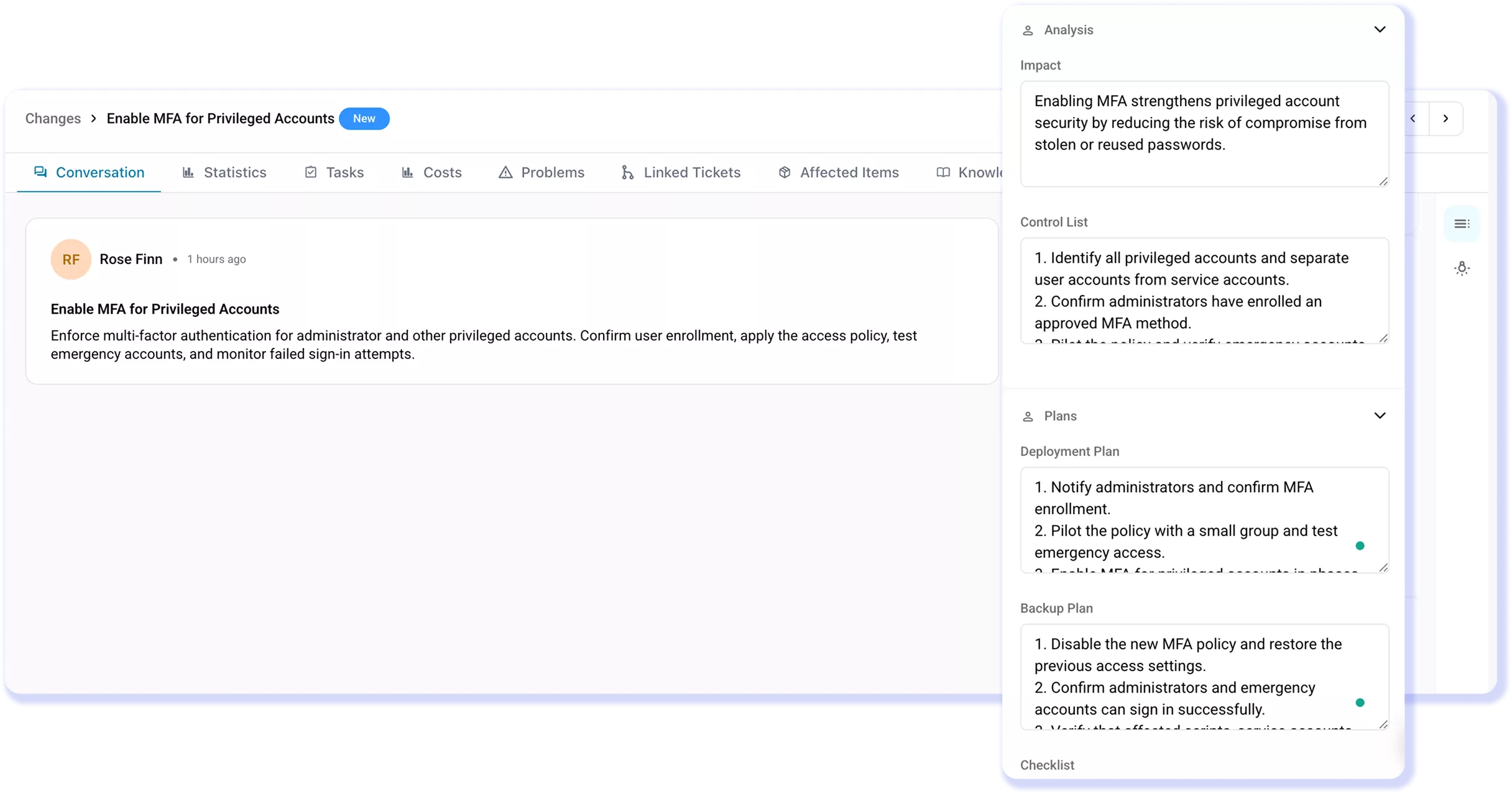 AssetSonar MFA change request showing impact, controls, deployment, and backup plans.