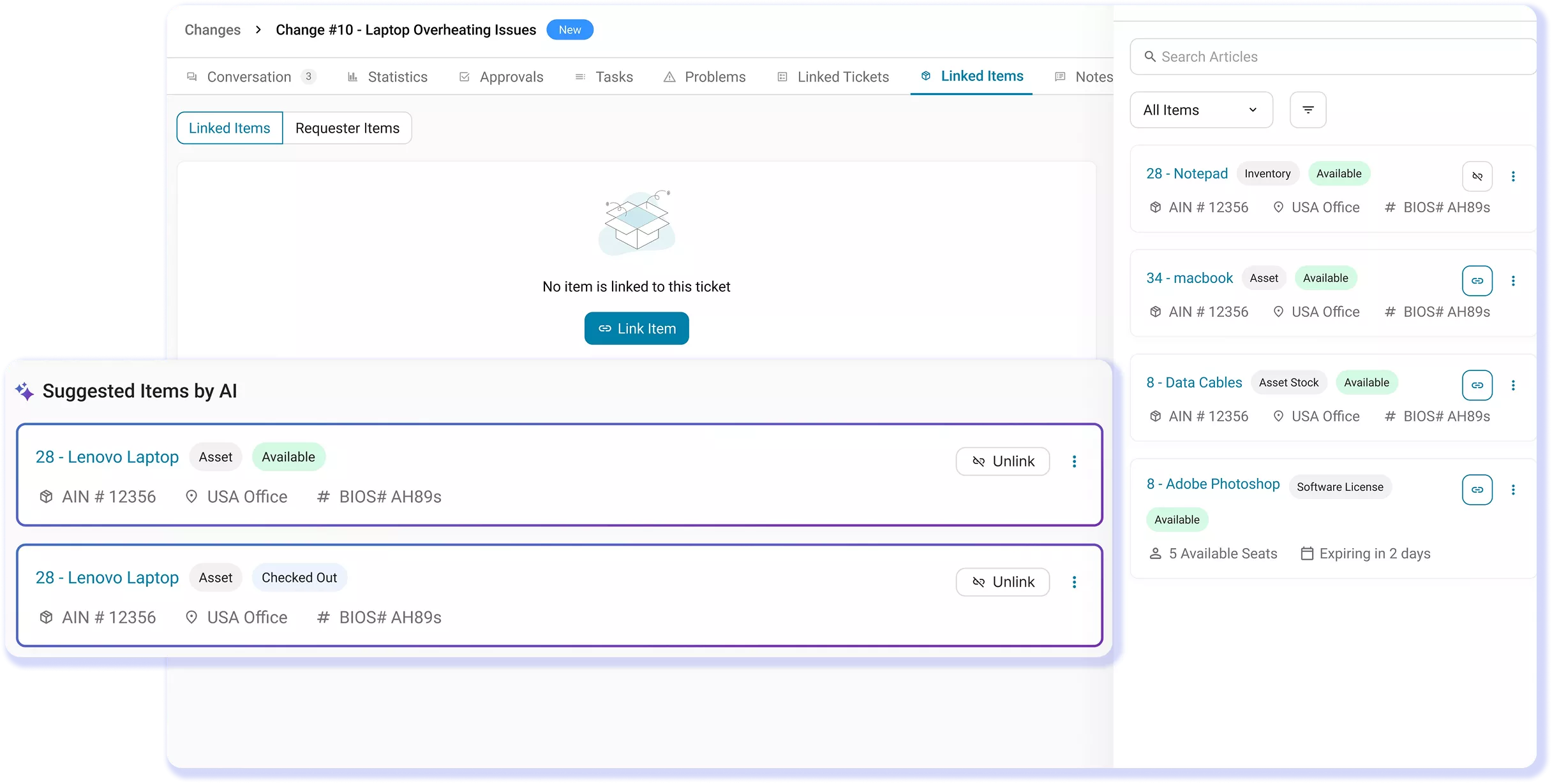 AssetSonar change request showing AI-suggested assets and software for linking.