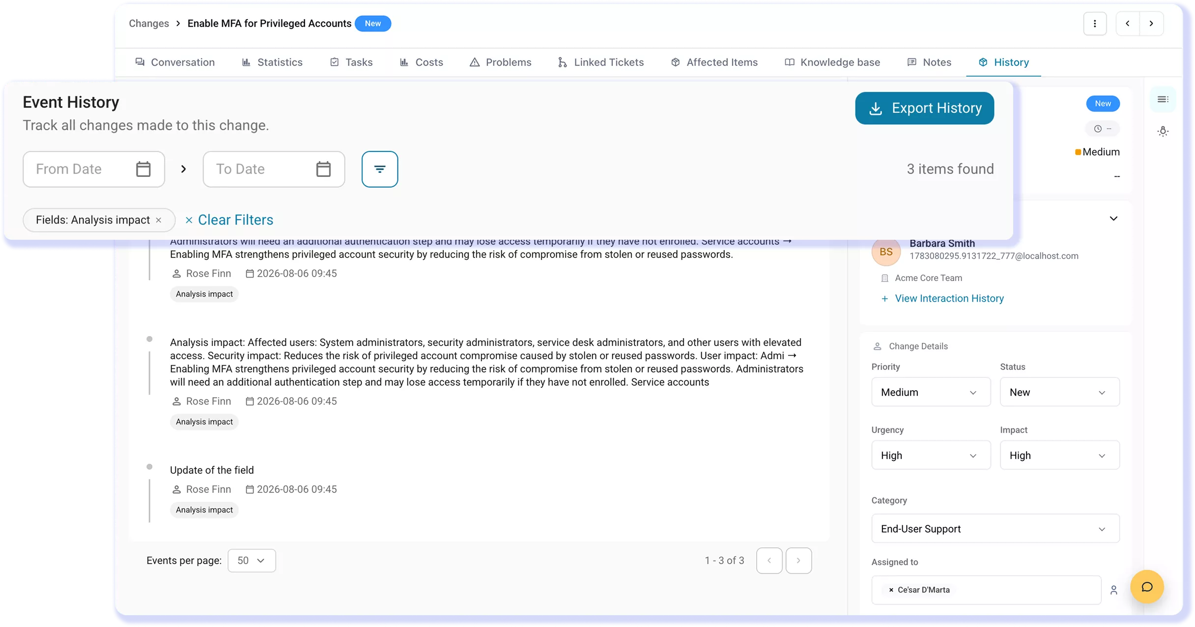 AssetSonar change request showing a filterable and exportable event history.
